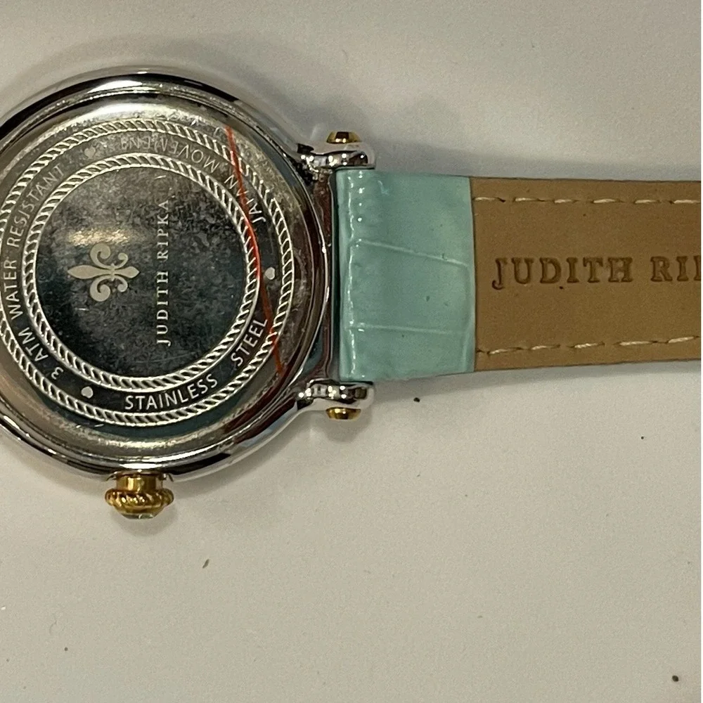 Judith Ripka Turquoise Dial Gold Tone Rope Bezel Croco Leather Strap Watch